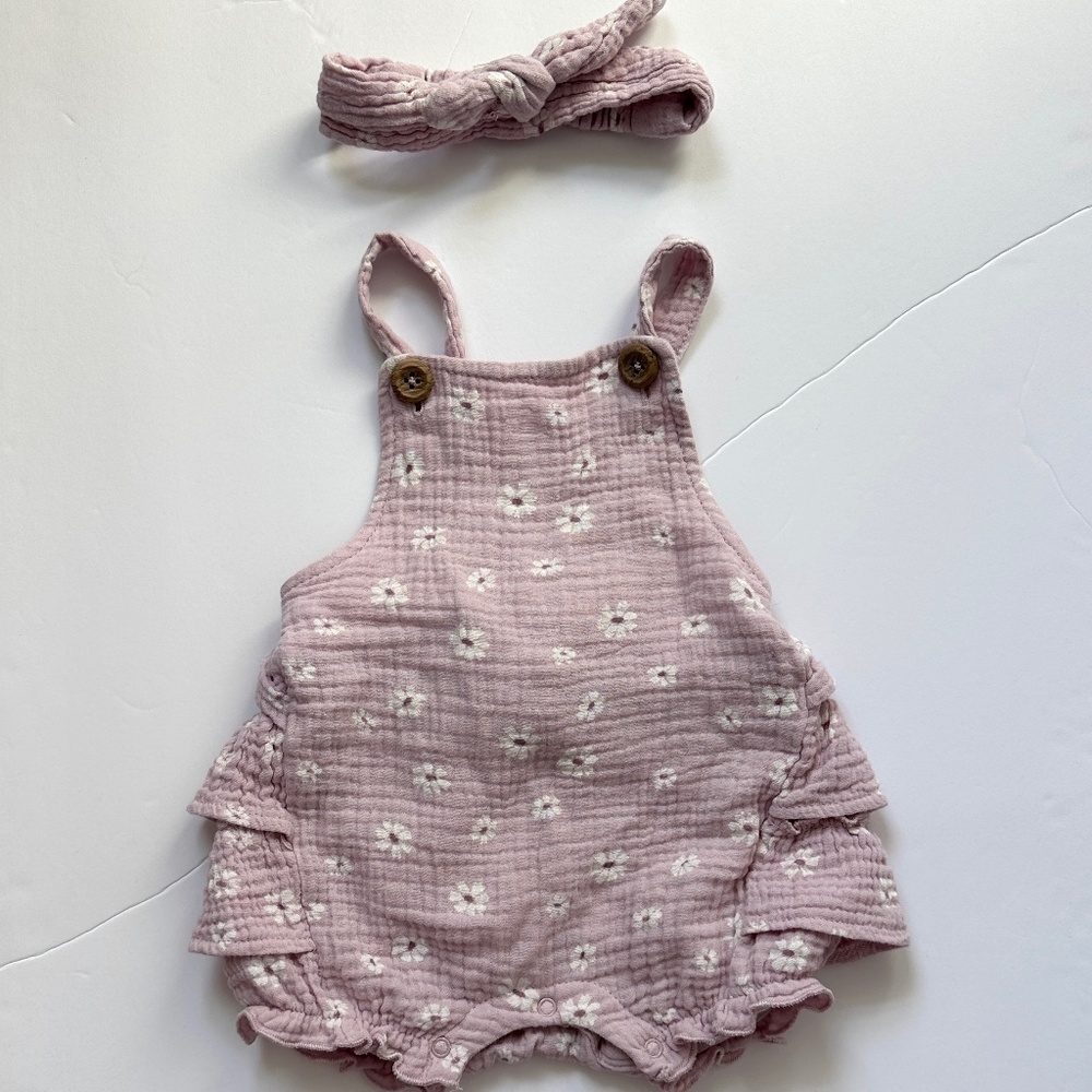 Emily and Oliver Gauze Bubble Romper - Purple Daisies 12M